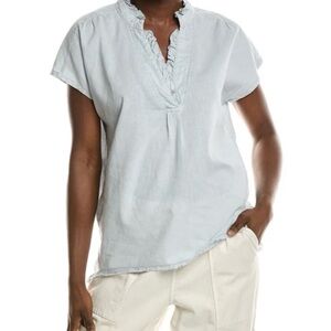 XCVI women’s light grey 100%linen short sleeve high low distressed blouse top XS